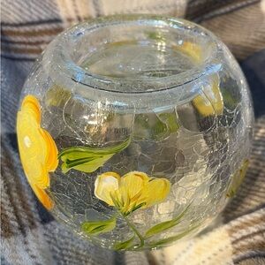 Hand-Painted Crackle Glass candle Holder with Yellow and Purple Flowers